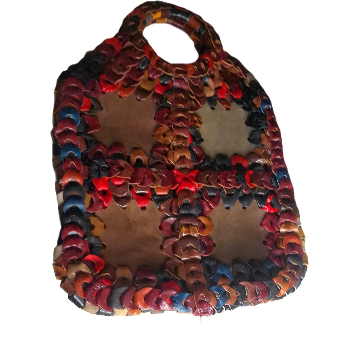 Vtg 70s Handmade Woven Leather Chain Link Tote Bag Boho Hippie Multicolor